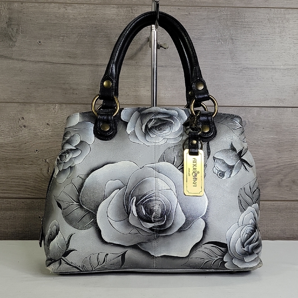 Anuschka Black and Gray Floral Leather Handbag